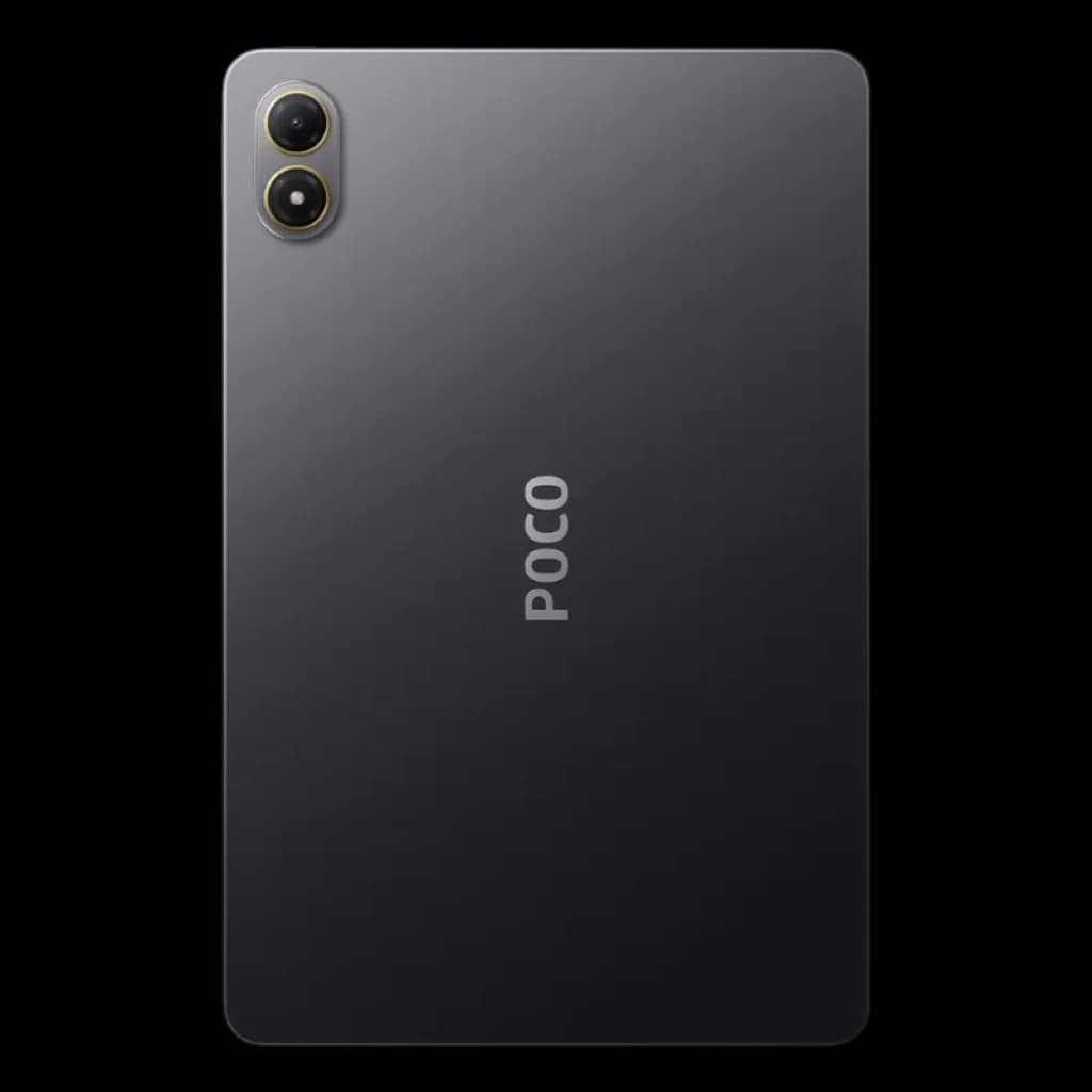 Xiaomi Poco Pad M1 Wifi 8Go 256Go Gris avec dos métallisé sombre, logo POCO centré et double module photo vertical à anneaux dorés