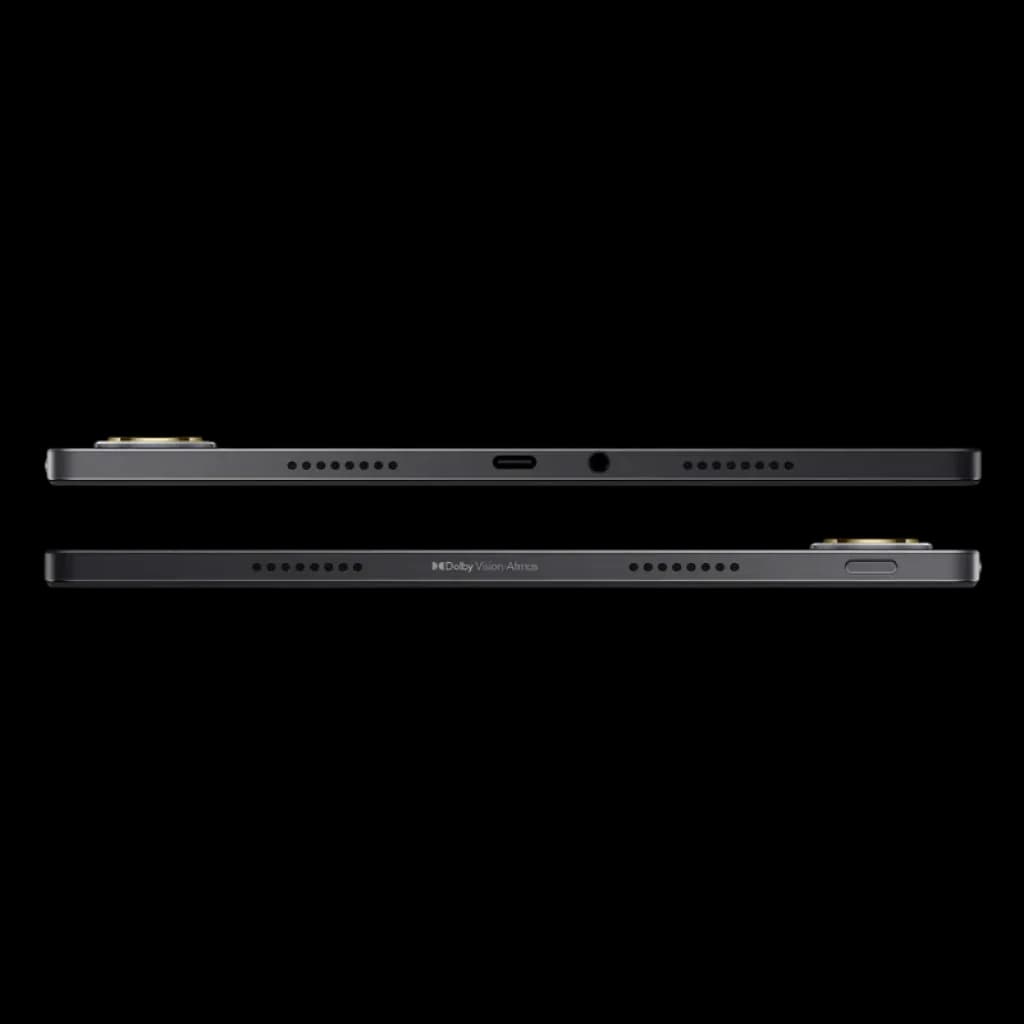 Xiaomi Poco Pad M1 Wifi 8Go/256Go Gris vu de côté, châssis fin gris, ports USB-C et jack 3,5 mm, multiples haut-parleurs, module photo arrière proéminent