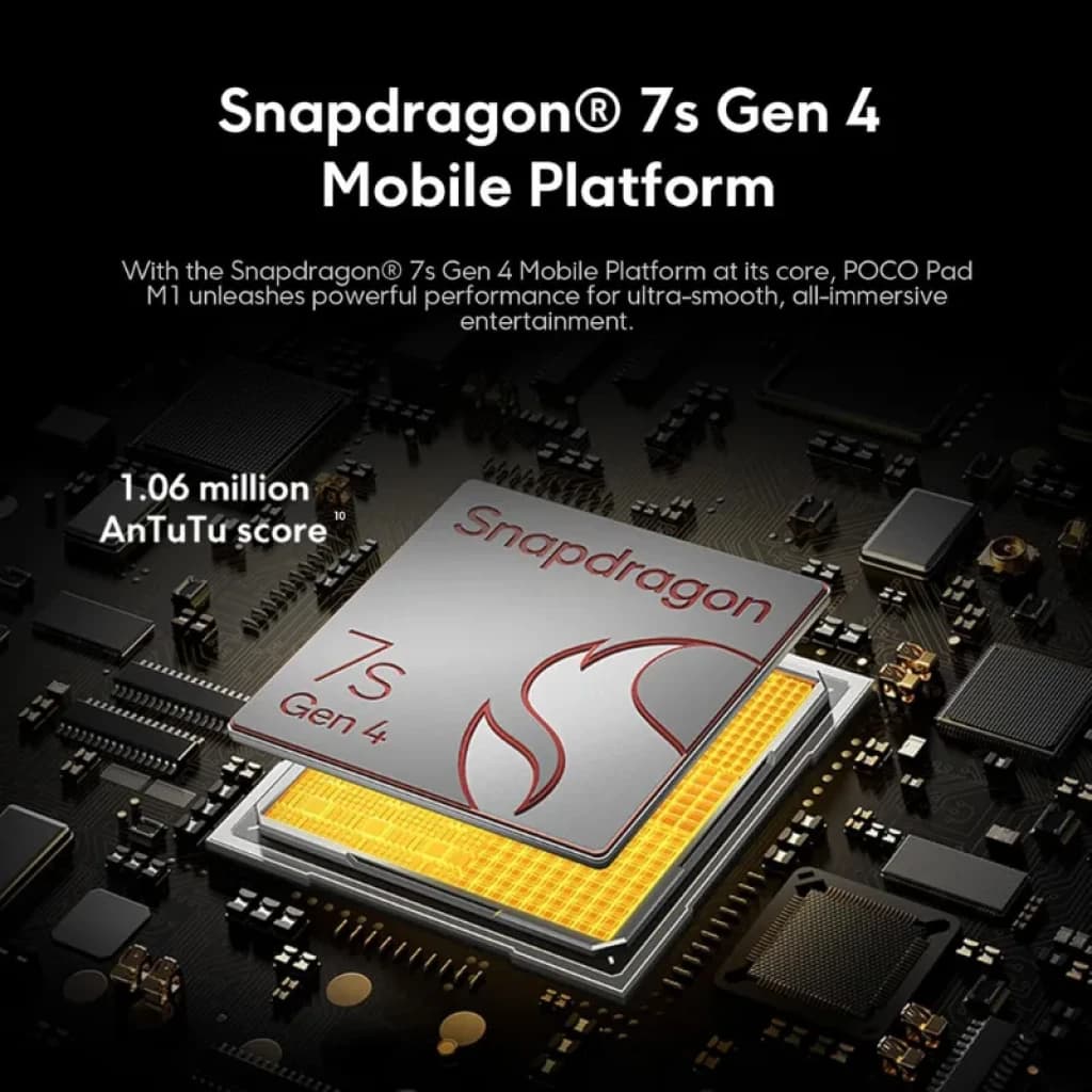 Puce Snapdragon 7s Gen 4 sur carte mère, accent doré sous le chipset, promesse de performance fluide pour la tablette Xiaomi Poco Pad M1 Wifi 8Go 256Go Gris