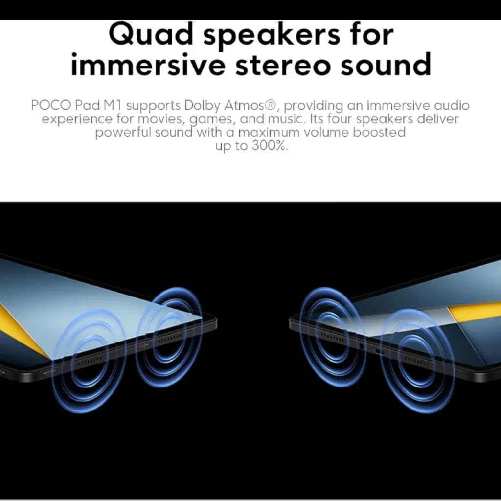 Xiaomi Poco Pad M1 Wifi 8Go/256Go Gris avec quatre haut-parleurs stéréo Dolby Atmos, bords fins et écran large flat, volume puissant jusqu’à 300%