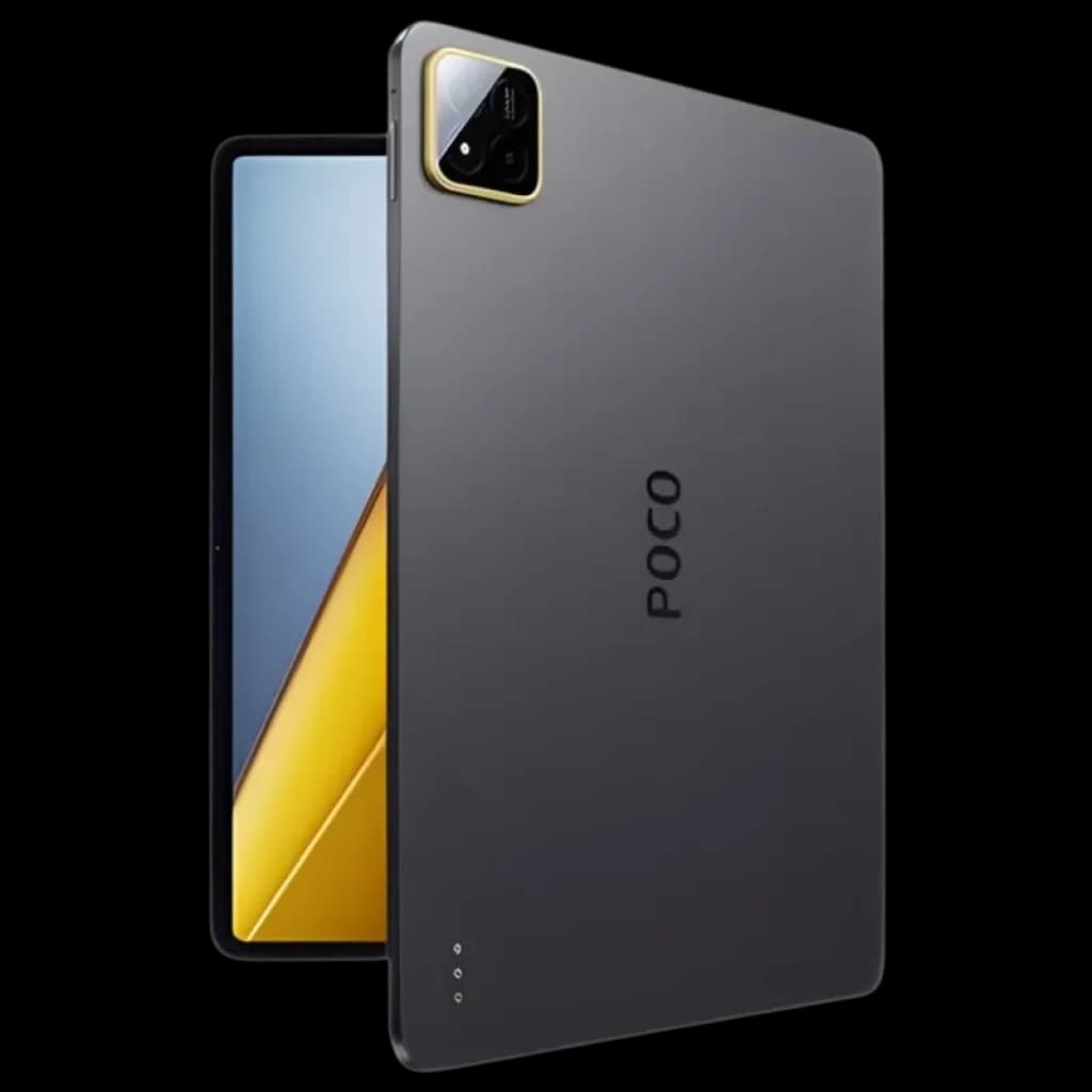 Xiaomi Poco Pad X1 Wifi 8Go/512Go Gris avec grand écran bord fin, dos gris mat, module photo carré avec liseré doré et logo POCO distinctif