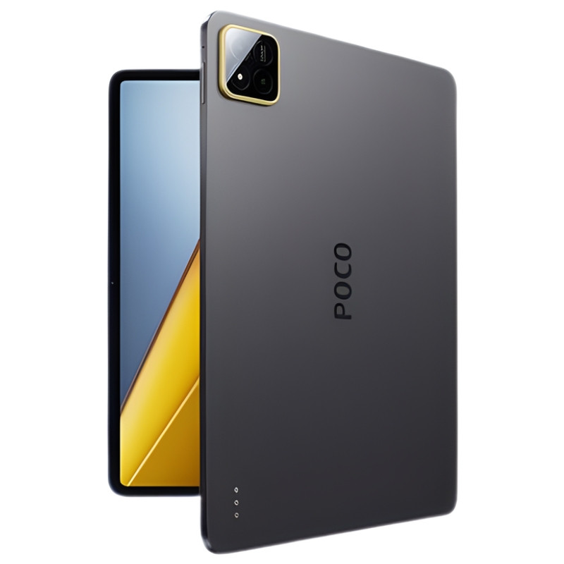 Xiaomi Poco Pad X1 Wifi 8GB/512GB Cinzento com corpo fino cinza, tela ampla bordas finas, módulo de câmera traseira quadrado com detalhe dourado e logo POCO - Item