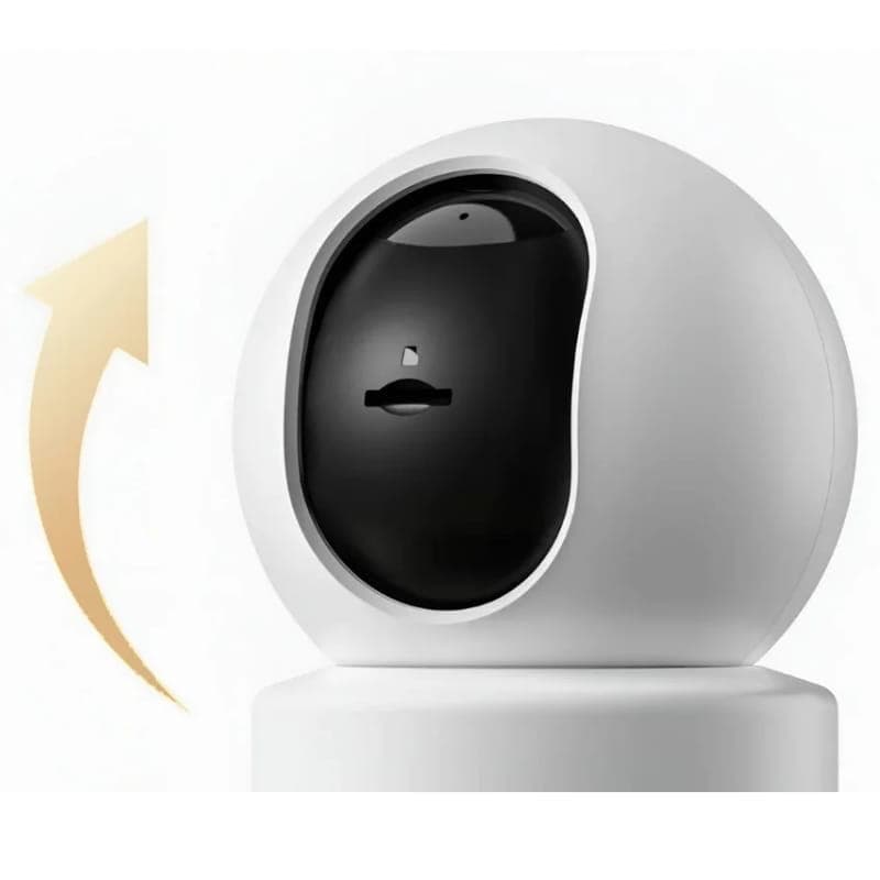 Caméra Xiaomi Smart Camera C302 3MP 2K WiFi 6 blanche, dôme motorisé, lentille noire brillante, design arrondi, rotation panoramique indiquée par flèche