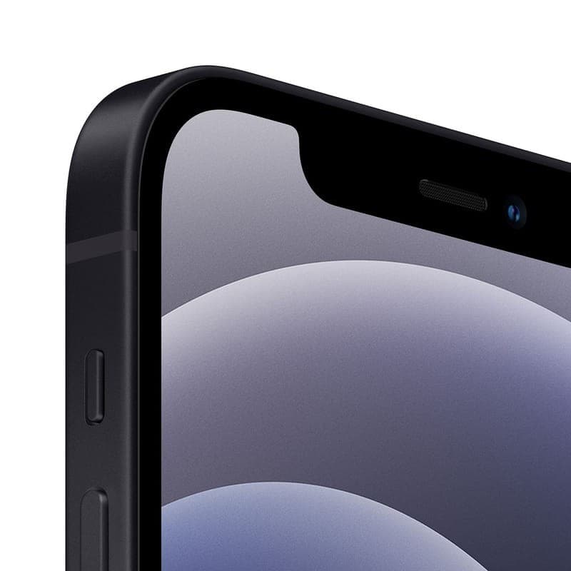 iPhone 12 Noir rénové, 128 Go, 5G. Bord plat alu, écran bord à bord avec encoche, boutons latéraux visibles. Finition mate élégante. Bon état.