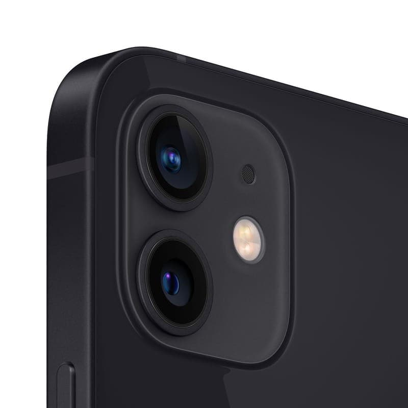 Module photo arrière iPhone 12 noir rénové: double capteur 12 MP, flash True Tone, châssis aluminium aux bords plats, finition noire élégante, état bon.