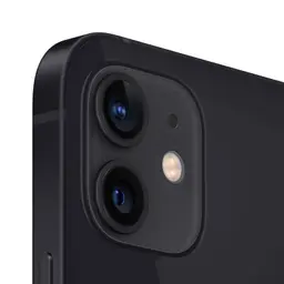 Módulo de cámara dual del iPhone 12 negro: dos lentes con flash True Tone y borde plano de aluminio; acabado renovado en buen estado, 128GB y 5G.