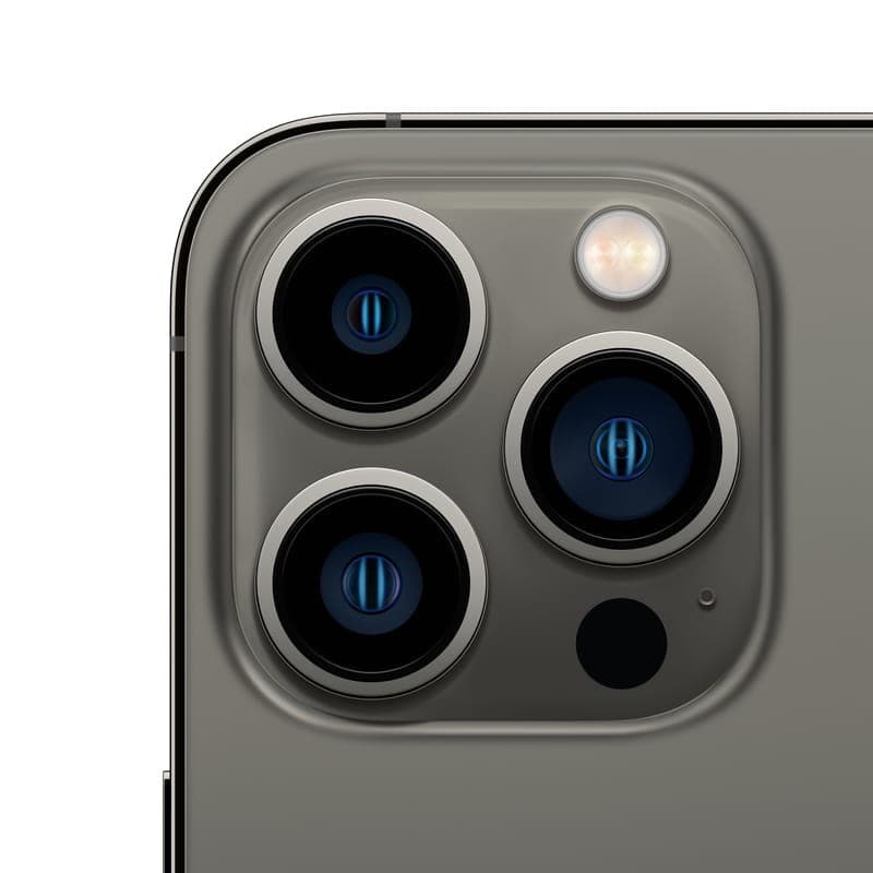 iPhone 13 Pro Max 256 GB grafite renovado em bom estado, tela grande com notch, bordas planas, módulo triplo de câmeras e acabamento premium brilhante
