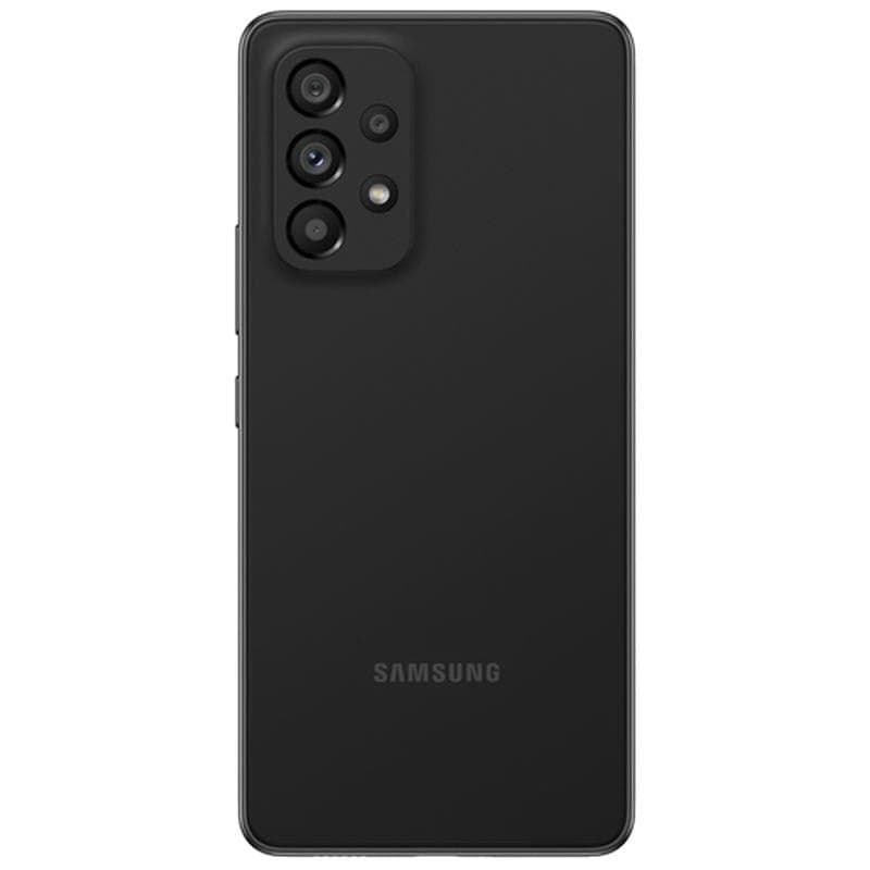 Perfil lateral del Samsung Galaxy A53 5G negro renovado, diseño delgado con botones de volumen y encendido, marco mate y módulo de cámara sobresaliente
