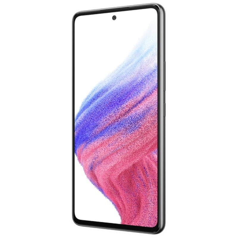 Samsung Galaxy A53 5G negro renovado buen estado con trasera mate, módulo de cámara cuádruple y bordes curvos; 6 GB RAM y 128 GB de almacenamiento