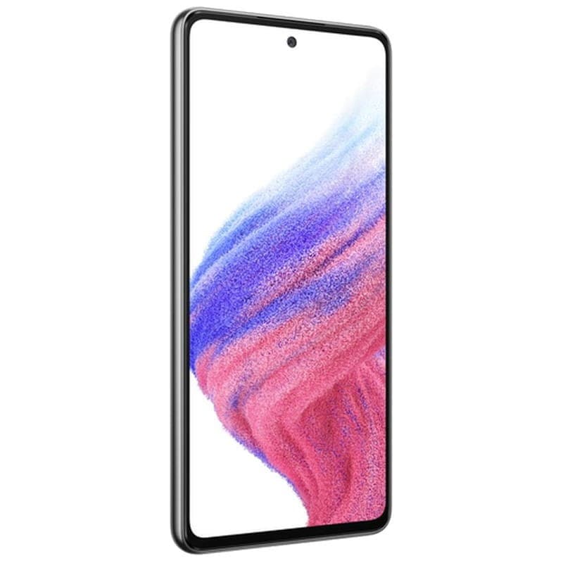 Samsung Galaxy A53 5G negro renovado buen estado con acabado mate, módulo trasero de cuatro cámaras y flash, bordes curvos y marco metálico elegante