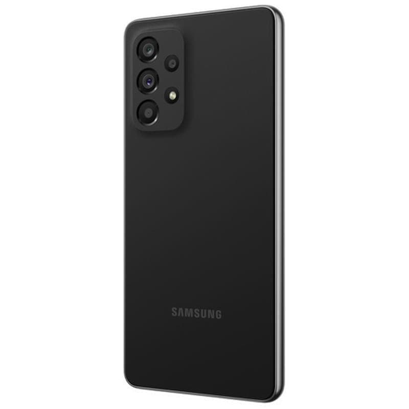 Samsung Galaxy A53 5G negro renovado en buen estado, 6GB RAM y 128GB. Pantalla casi sin bordes con cámara frontal en agujero, diseño delgado y elegante.