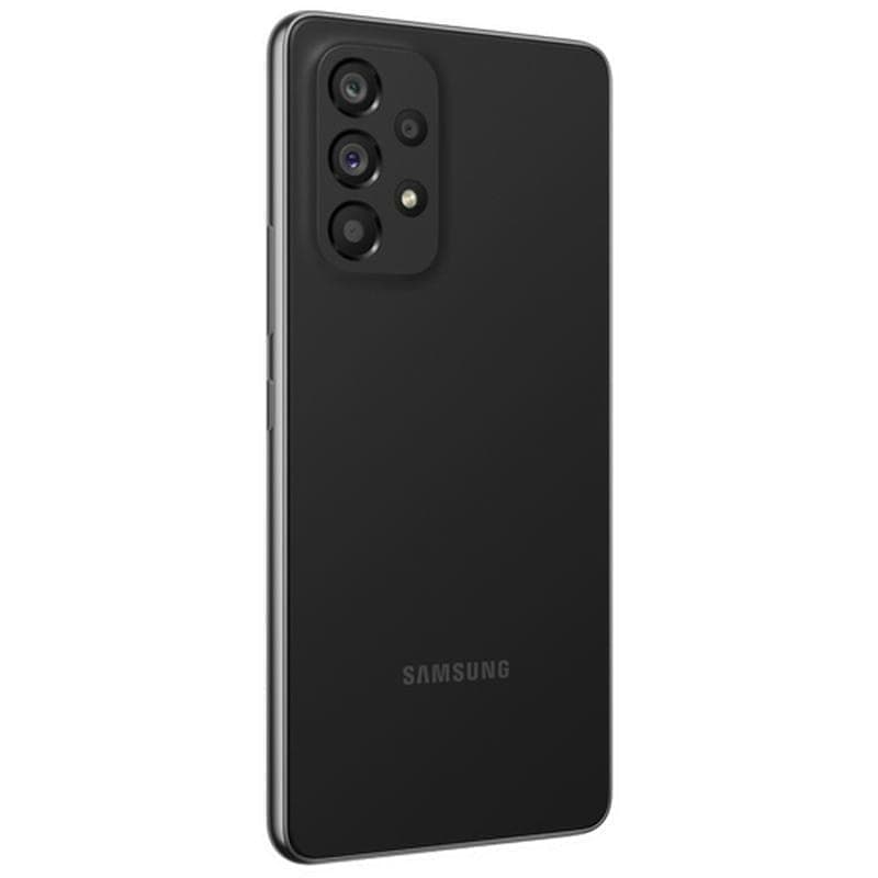 Samsung Galaxy A53 5G negro renovado en buen estado, pantalla sin marcos con cámara frontal perforada, bordes curvos y acabado mate, 6GB RAM y 128GB