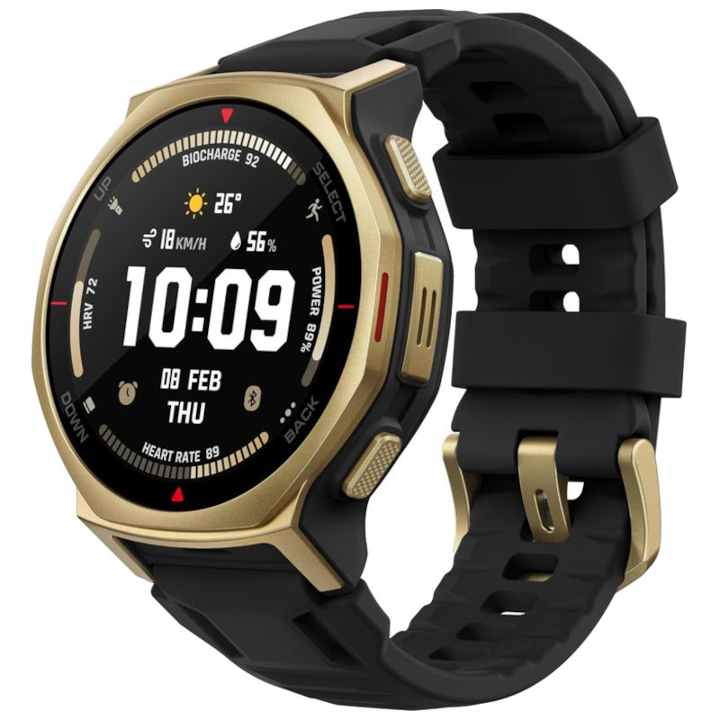 Amazfit T-Rex 3 Pro Or : boîtier doré robuste, lunette noire, écran rond lisible, boutons latéraux texturés, bracelet silicone noir avec boucle dorée. - Ítem