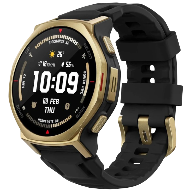 Amazfit T-Rex 3 Pro Oro: smartwatch robusto en negro y oro, caja metálica, correa de silicona, pantalla circular con datos de salud, botones laterales - Ítem