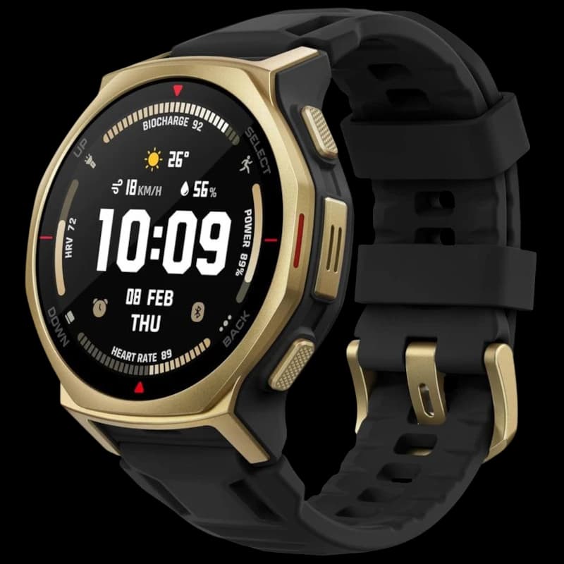Amazfit T-Rex 3 Pro Oro: smartwatch robusto en negro y oro, caja metálica, correa de silicona, pantalla circular con datos de salud, botones laterales