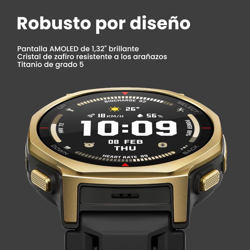 Amazfit T-Rex 3 Pro Or : boîtier doré robuste, lunette noire, écran rond lisible, boutons latéraux texturés, bracelet silicone noir avec boucle dorée. - Ítem1