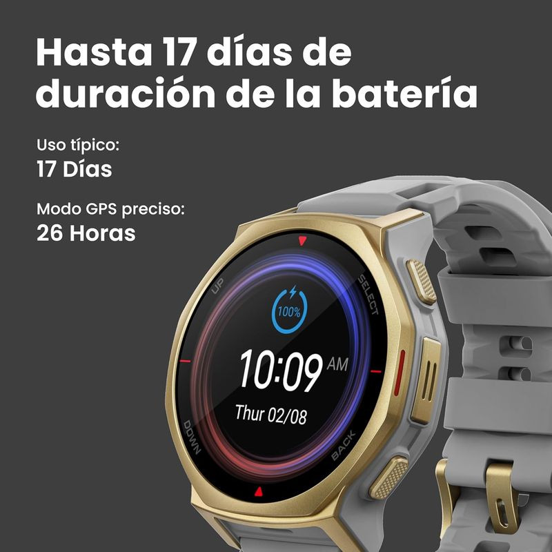 Amazfit T-Rex 3 Pro Or : boîtier doré robuste, lunette noire, écran rond lisible, boutons latéraux texturés, bracelet silicone noir avec boucle dorée. - Ítem6
