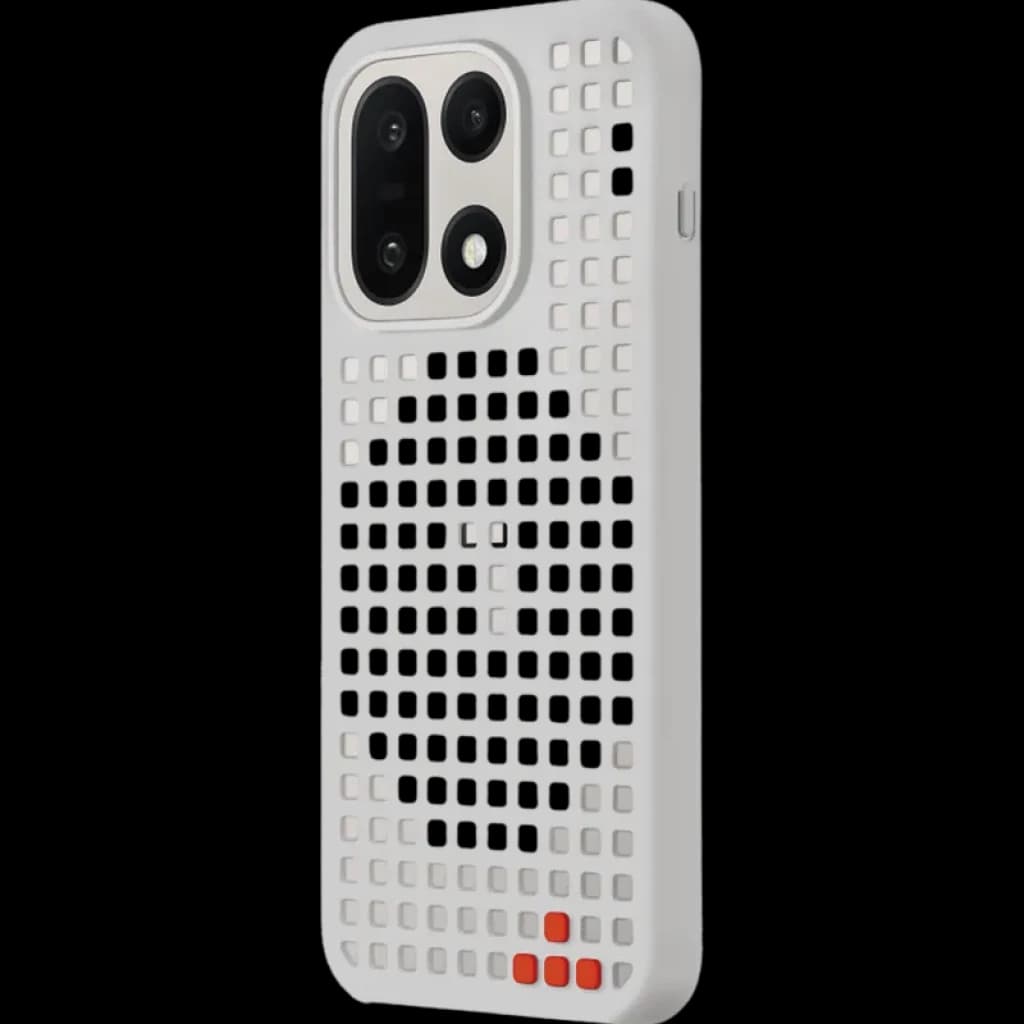 Capa magnética OnePlus 15 Hole-pattern Cinzento com grelha perfurada, proteção para câmara dupla e detalhe vermelho no canto inferior
