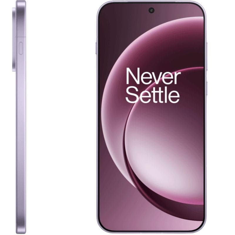 Oneplus 15 5G 16GB/512GB Violeta con módulo triple de cámaras traseras y flash, acabado mate violeta suave y bordes planos con botones laterales.