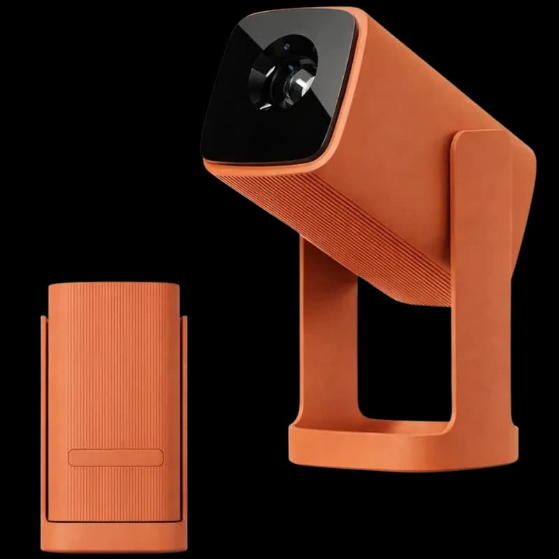 Proyector Wanbo Cube 1 naranja, diseño compacto con soporte en U, cuerpo texturizado, lente frontal negra y rejillas laterales; ideal para espacios modernos.