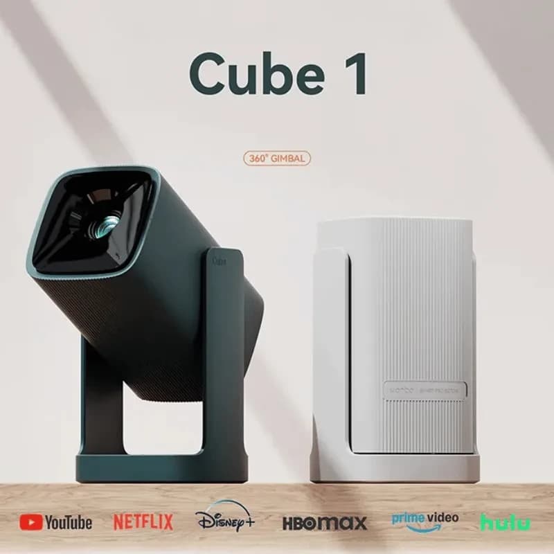 Proyector Wanbo Cube 1 HD 350 lúmenes en color Sky Blue, diseño compacto con soporte tipo gimbal 360°, altavoz frontal y conectividad Wi‑Fi