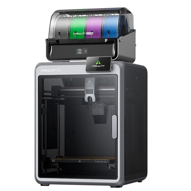 Impresora 3D Creality K2 Combo con carcasa cerrada, pantalla frontal, extrusor directo y módulo superior para cuatro filamentos en bobinas de colores