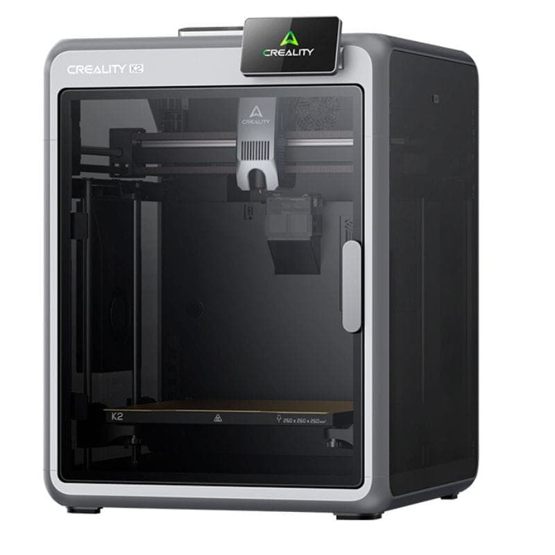 Impresora 3D Creality K2 Combo con chasis cerrado, panel frontal transparente, pantalla superior, rieles metálicos y cama de impresión amplia y estable