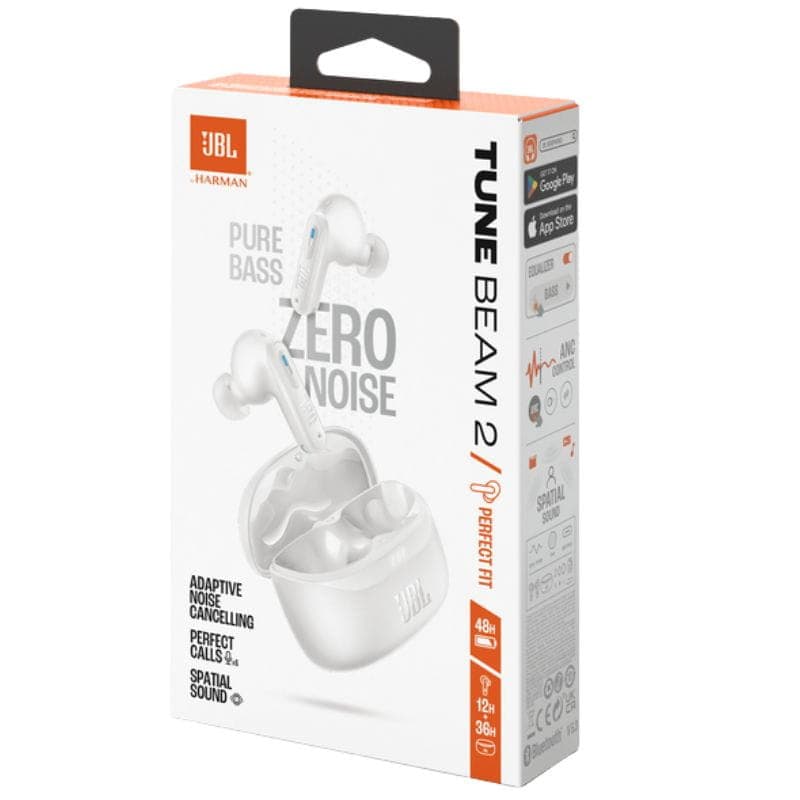JBL Tune Beam 2 Blanco: audífonos in-ear blancos con estuche de carga brillante, diseño compacto y acabados suaves, logo JBL frontal en relieve.