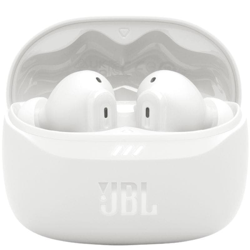 Auriculares JBL Tune Beam 2 blancos con estuche de carga; diseño in-ear con vástago, puntas de silicona y acabado brillante. Caja resalta ANC y Pure Bass.