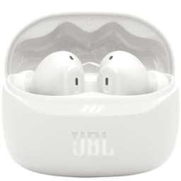 Auriculares JBL Tune Beam 2 blancos con estuche de carga; diseño in-ear con vástago, puntas de silicona y acabado brillante. Caja resalta ANC y Pure Bass.