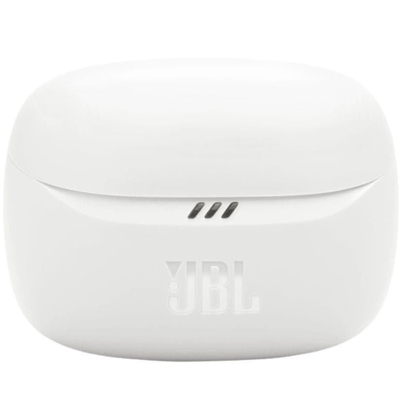 Auriculares in-ear JBL Tune Beam 2 en color blanco, diseño compacto con almohadillas de silicona y tallo alargado con logo JBL en relieve.