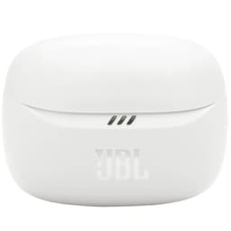 Auriculares in-ear JBL Tune Beam 2 en color blanco, diseño compacto con almohadillas de silicona y tallo alargado con logo JBL en relieve.