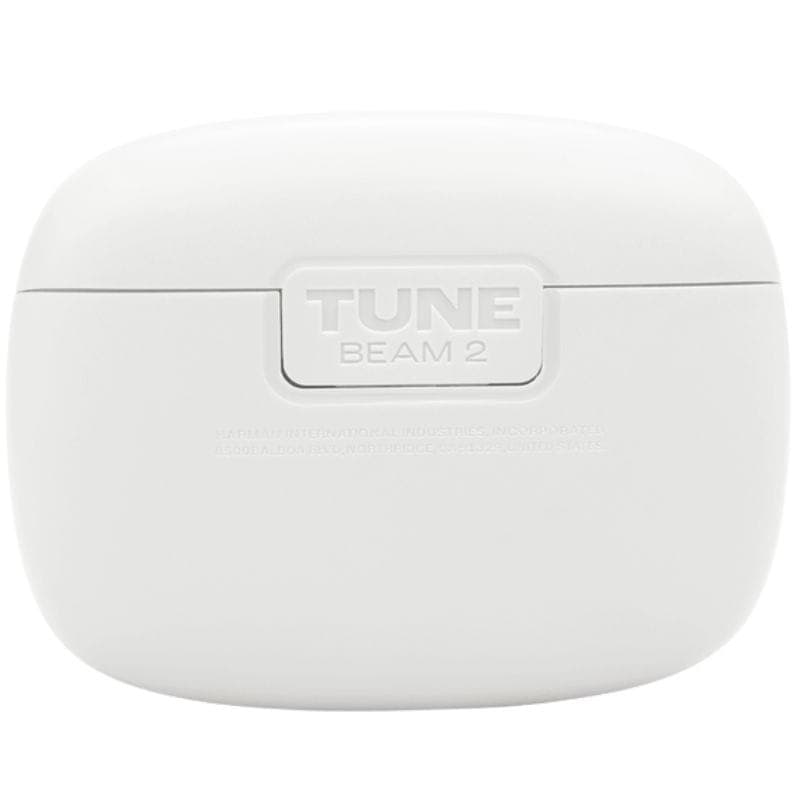 JBL Tune Beam 2 Blanco: auriculares in-ear true wireless blancos, diseño compacto con tallo corto, puntas de silicona, puertos de micrófono y marcadores L/R.