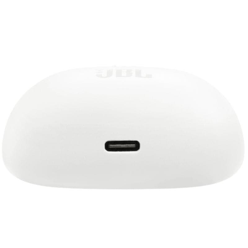 Estuche de carga blanco JBL Tune Beam 2, compacto y mate, con logo frontal en relieve y tres indicadores LED grises en la tapa.