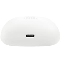 Estuche de carga blanco JBL Tune Beam 2, compacto y mate, con logo frontal en relieve y tres indicadores LED grises en la tapa.