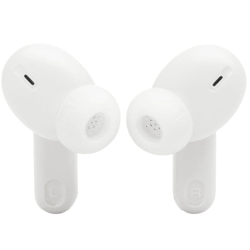 Estuche de carga blanco con logo “TUNE BEAM 2” en relieve; diseño compacto y minimalista para los JBL Tune Beam 2 Blanco.