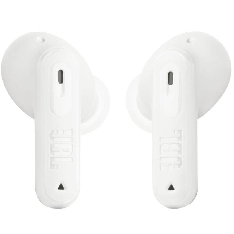 Estuche blanco JBL Tune Beam 2 con puerto USB-C frontal; diseño compacto y liso, acabado mate minimalista para carga y protección de earbuds.