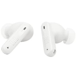JBL Tune Beam 2 Blanco: estuche de carga compacto y brillante con tapa abierta y dos earbuds in-ear ergonómicos blancos, diseño minimalista y moderno.