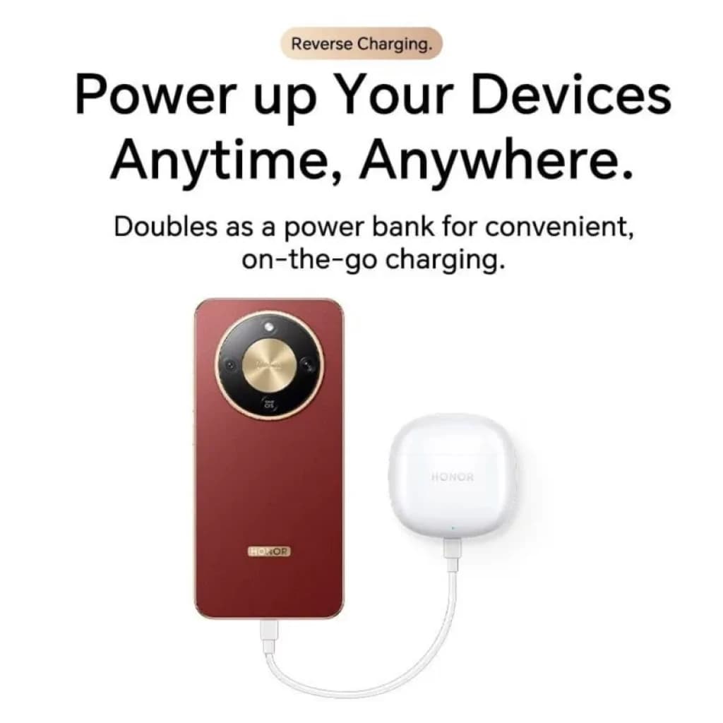 Honor X9D 5G noir avec dos rouge bordeaux, module photo circulaire doré au centre, recharge inversée montrée alimentant des écouteurs via câble USB-C