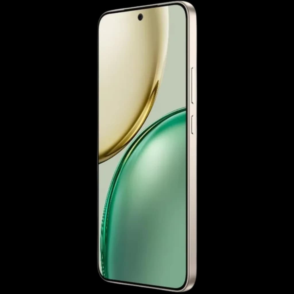 Honor X9D 5G doré, écran bord à bord avec poinçon central, bords fins, cadre métallique clair, boutons latéraux discrets, courbes élégantes vert et or