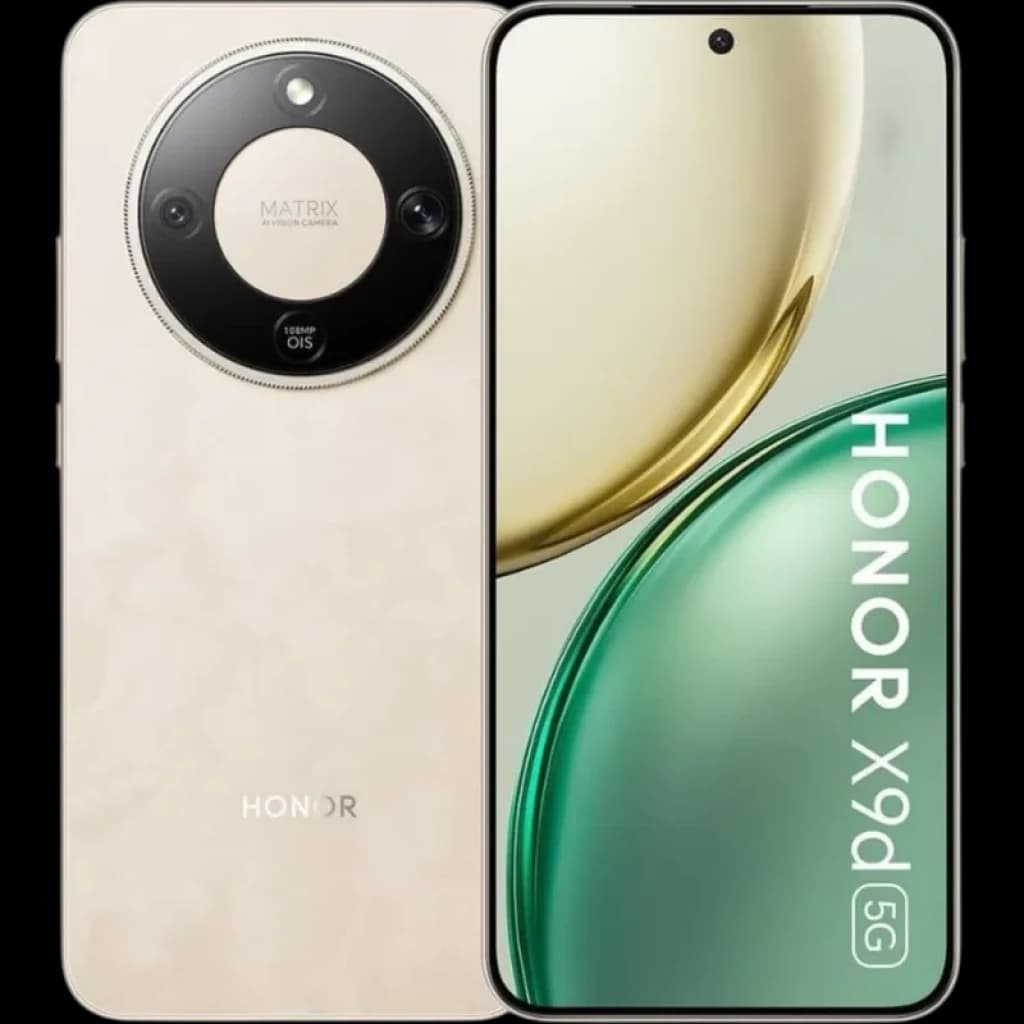 Honor X9D 5G dorado con pantalla amplia perforada, biseles delgados y módulo de cámara circular Matrix; texto HONOR X9d 5G en verde, acabado elegante