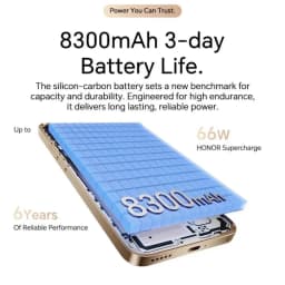 Honor X9D 5G dorado con batería de 8300 mAh, carga rápida 66W y diseño elegante; destaca módulo interno azul y promesa de 3 días y 6 años de rendimiento