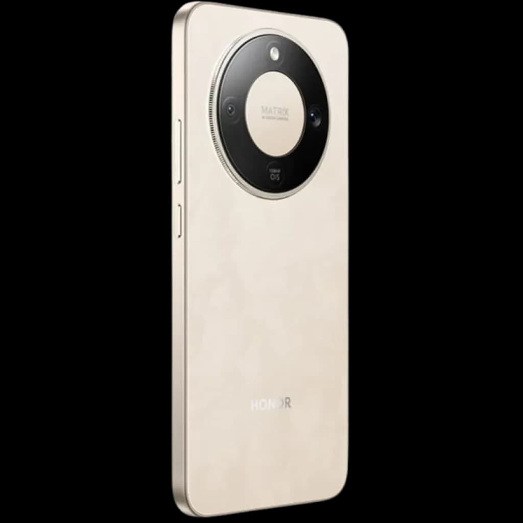 Honor X9D 5G dorado con trasera nacarada, módulo circular negro para cámaras, anillo metálico, bordes planos y botones laterales; elegante y moderno