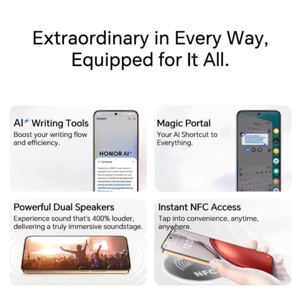 Honor X9D 5G doré avec écran bord à bord, haut-parleurs stéréo puissants, accès NFC instantané, outils d écriture IA et Magic Portal pour navigation