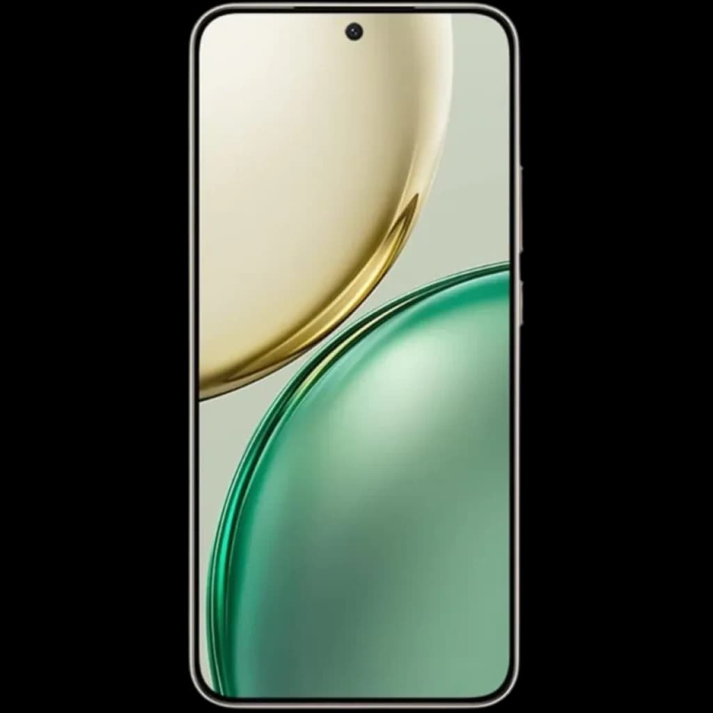 Honor X9D 5G dorado con pantalla amplia casi sin bordes, orificio centrado para la cámara frontal y bordes curvos; diseño elegante y simétrico