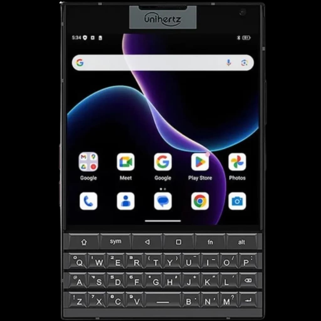 Unihertz Titan 2 5G Dual SIM con teclado físico QWERTY, pantalla táctil rectangular, cámara frontal centrada y botones dedicados; diseño robusto y compacto