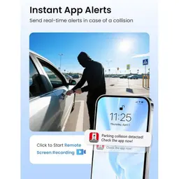 Tela de smartphone exibindo alerta “Parking collision detected” do DDPAI 4G Cloud Box, com opção de gravação remota; ao fundo, carro em estacionamento.