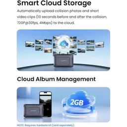 DDPAI 4G Cloud Box cinza com LED, porta USB-C e ventilação; integra armazenamento em nuvem, upload automático de colisões e álbum de 2GB.