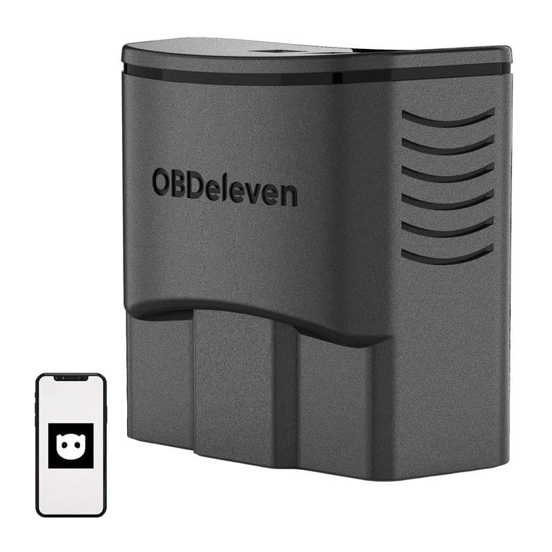 Scanner OBDeleven 3 Ultimate Pack : boîtier OBD2 compact noir, finition mate, rainures latérales, logo en relief; compatibilité smartphone affichée.