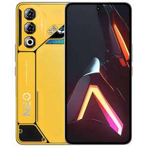 Nubia Neo 3 GT 5G jaune, coque gaming futuriste, triple caméra arrière hexagonale, écran bord à bord avec poinçon central, accents LED orange/rouge.